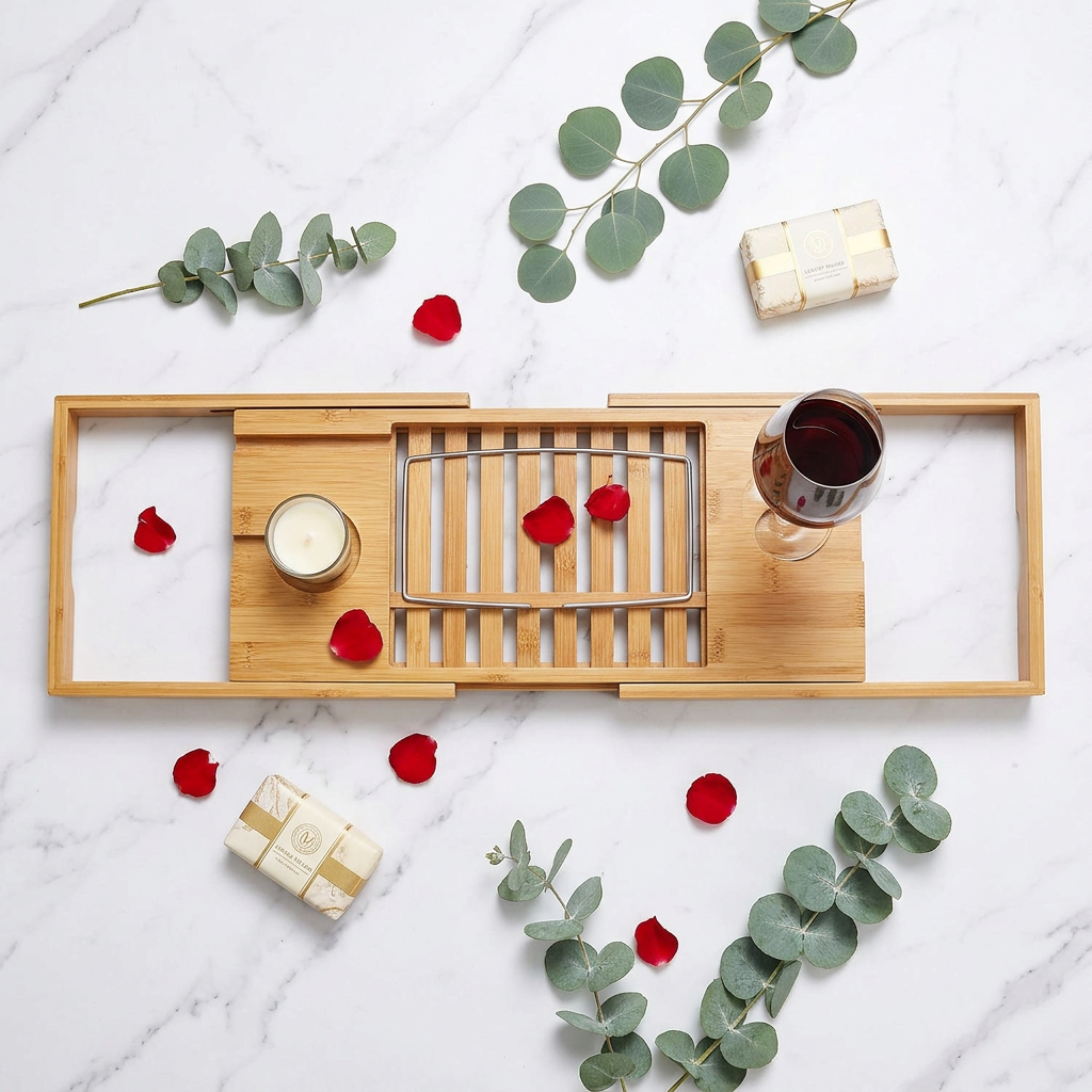 Overhead flat lay of Bamboo Bath Caddy on marble with wine glass, rose petals and luxury soap | JKB Luxury Collections