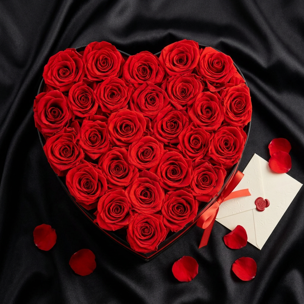Flat lay of heart-shaped black box with 27 preserved red roses on black satin with sealed envelope and wax seal