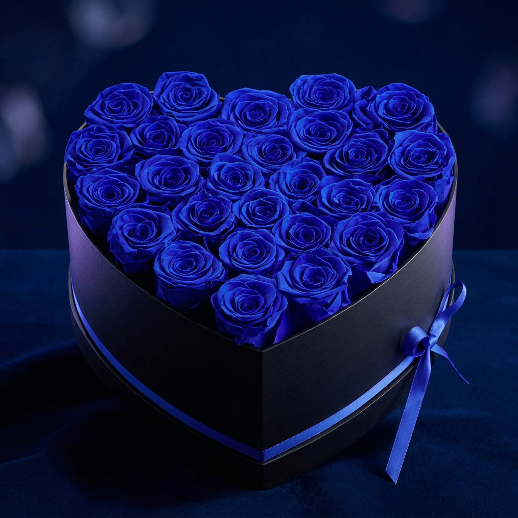Compact heart-shaped black box with 27 preserved blue roses against midnight blue background – minimalist luxury product shot