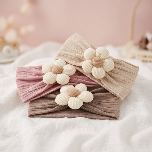 Three twisted knit baby headbands stacked on white linen with pastel background