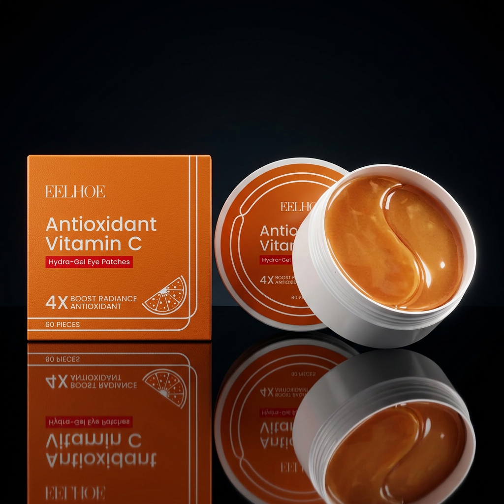 EELHOE Vitamin C Eye Patches on black lacquer reflective surface with halo lighting