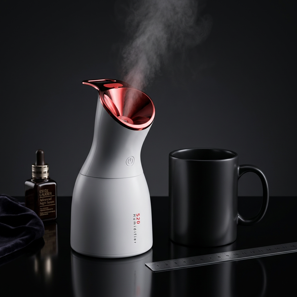 Compact white beauty humidifier next to coffee mug showing true size