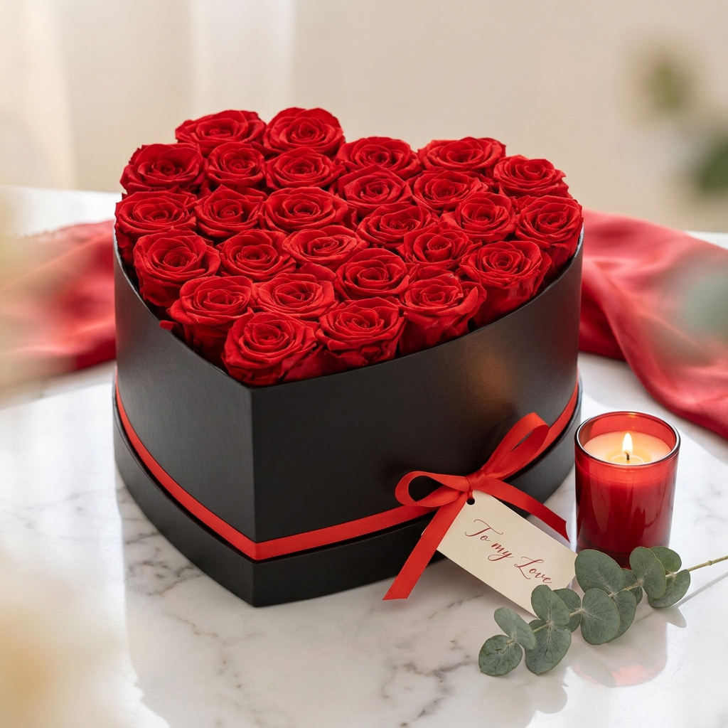 Heart-shaped black box with 27 preserved red roses on white marble beside red candle and eucalyptus