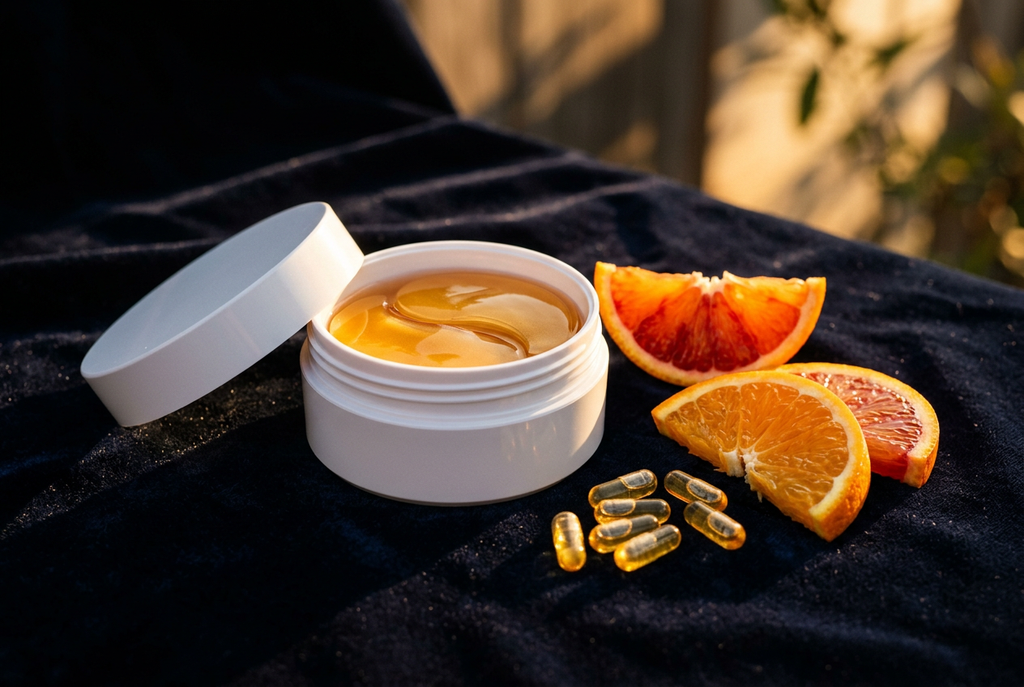 Vitamin C eye patch jar on dark velvet with golden side lighting, luxury campaign