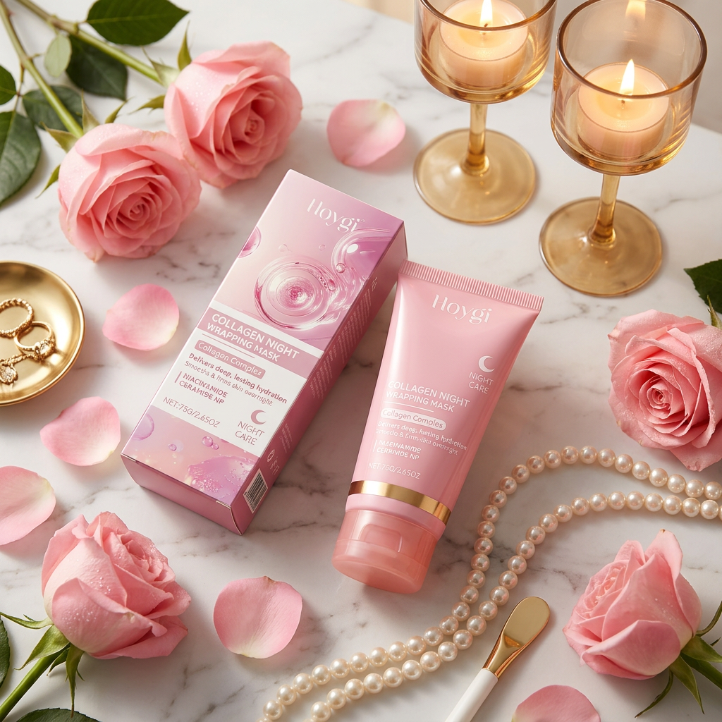 Hoygi Collagen Night Wrapping Mask on marble with rose petals, pearls and candlelight