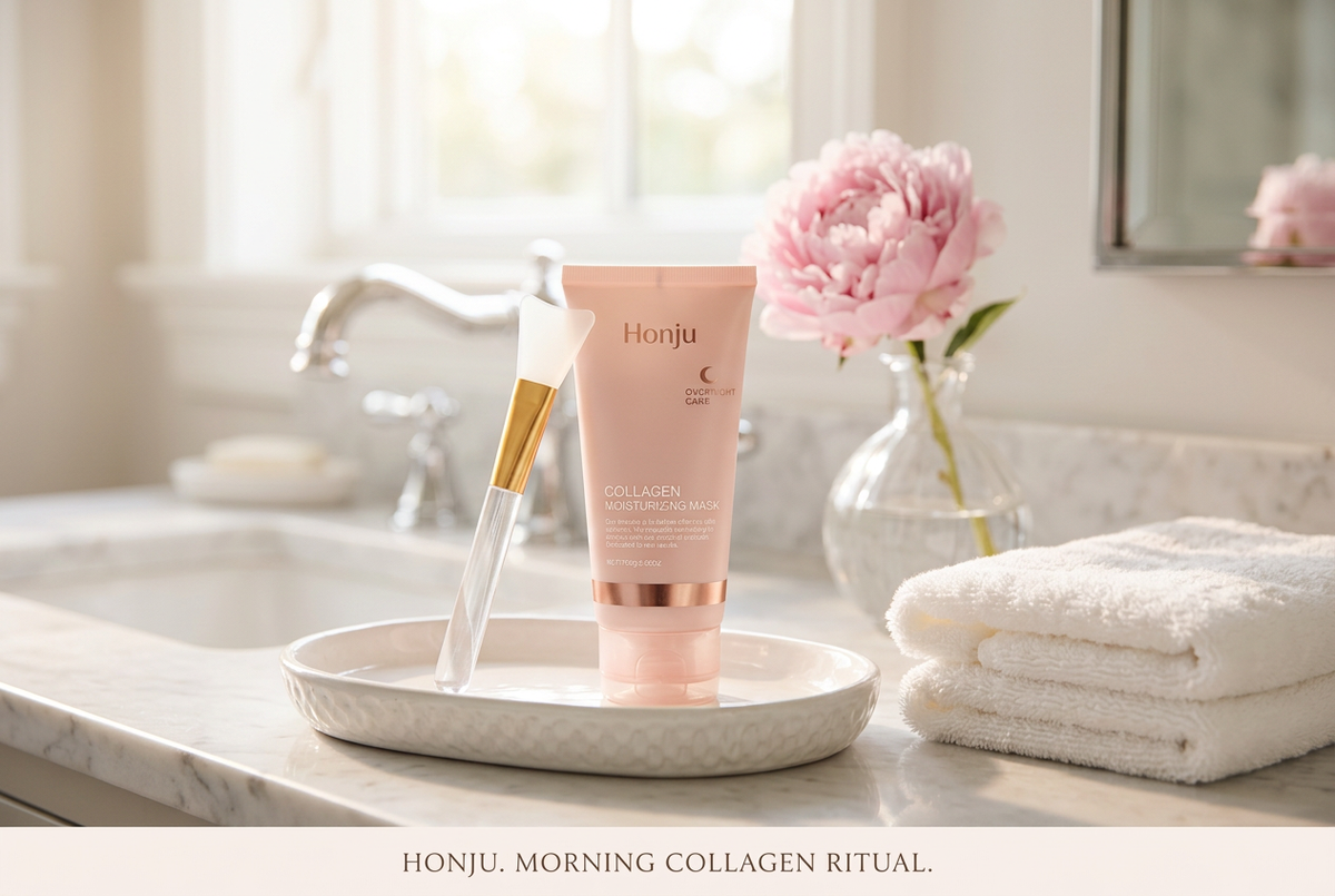Honju collagen mask tube and silicone brush on a ceramic tray beside a white towel and pink peony