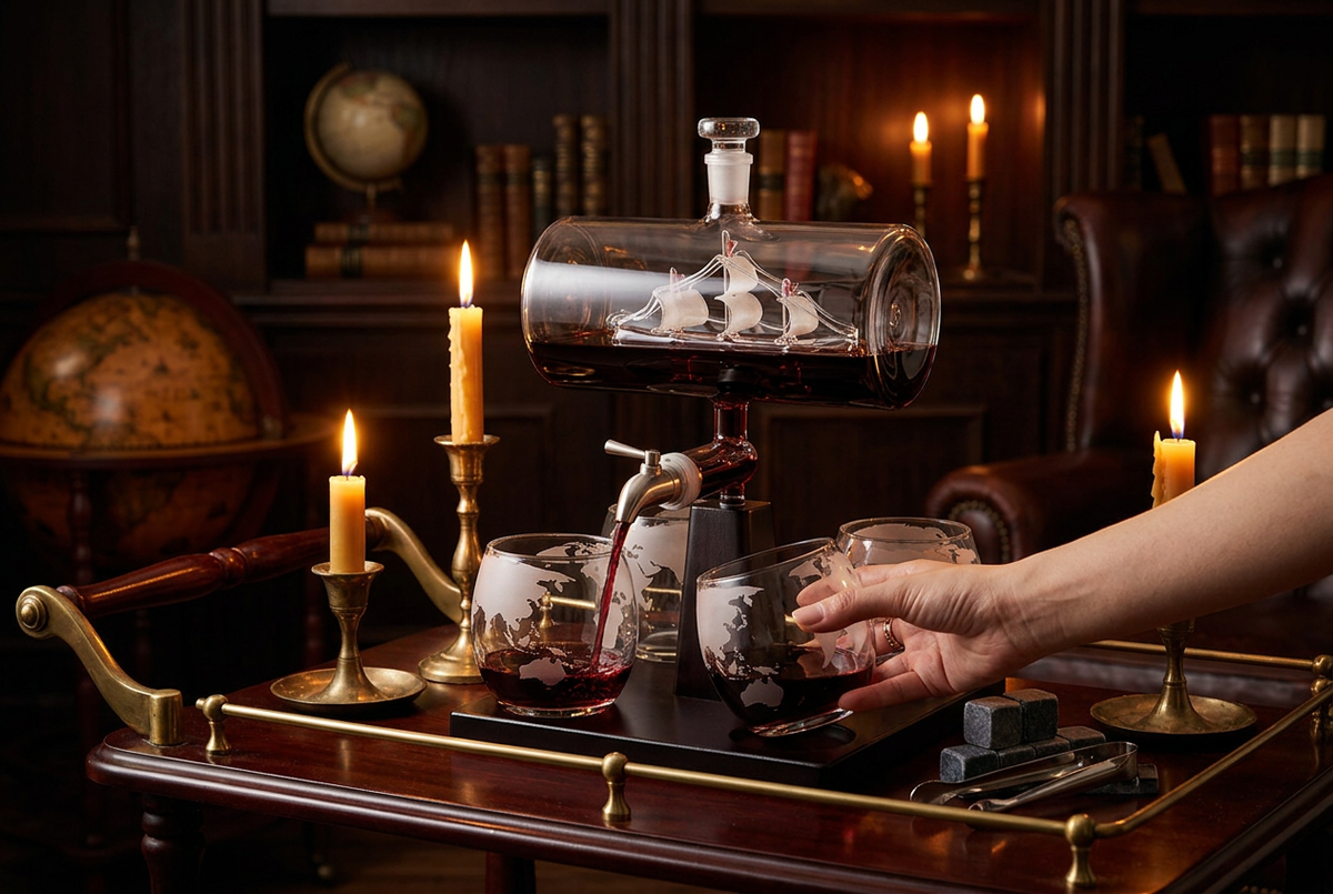 Red wine pouring through decanter spigot on mahogany bar cart with candlelight