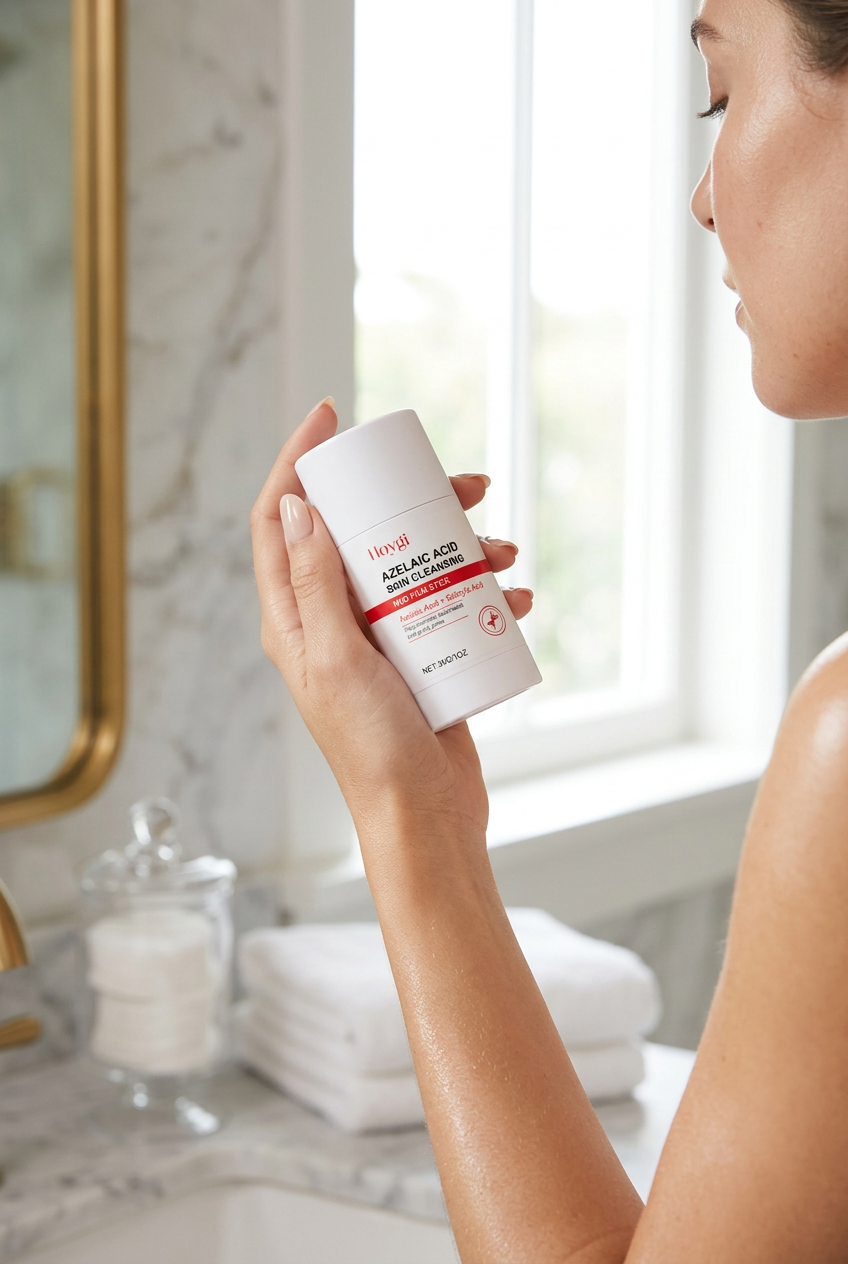 Hoygi Azelaic Acid Mud Film Stick held in hand, lifestyle skincare photo