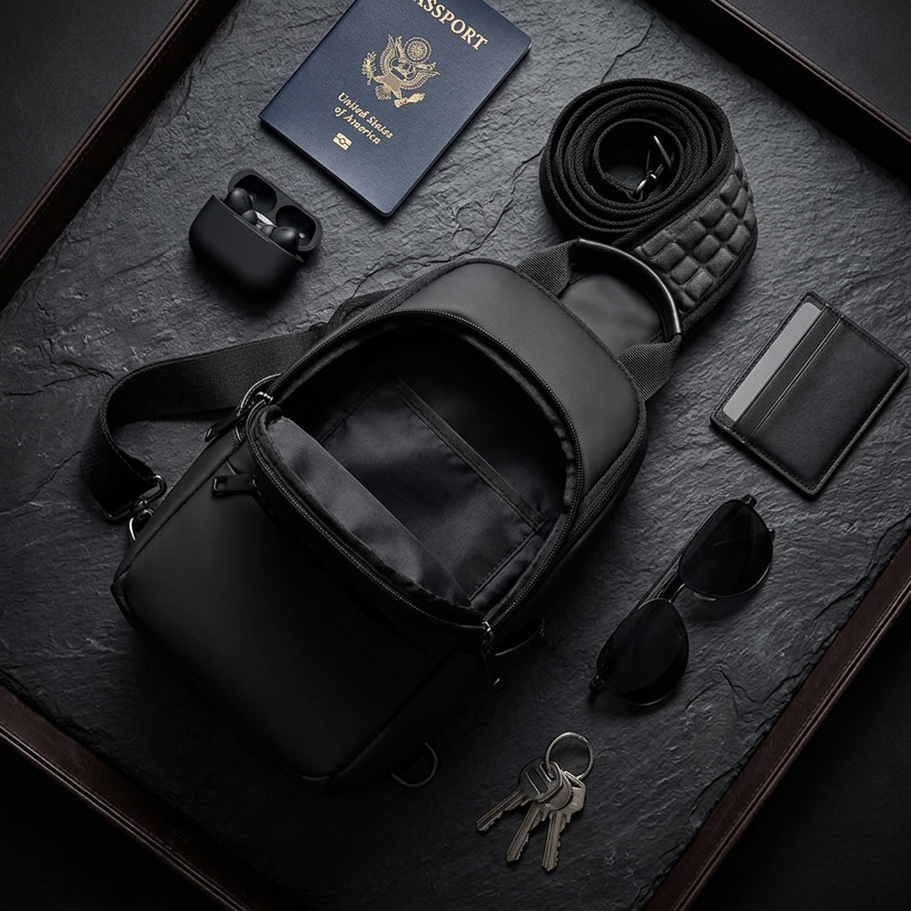 Black crossbody sling bag flat lay open with passport, AirPods, wallet and sunglasses on dark slate