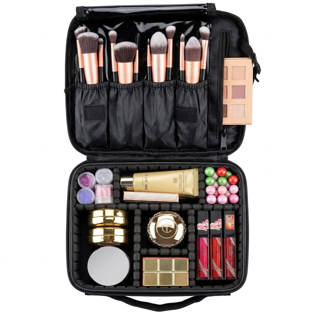 Top-down view inside open black travel makeup case with organized cosmetics and dividers